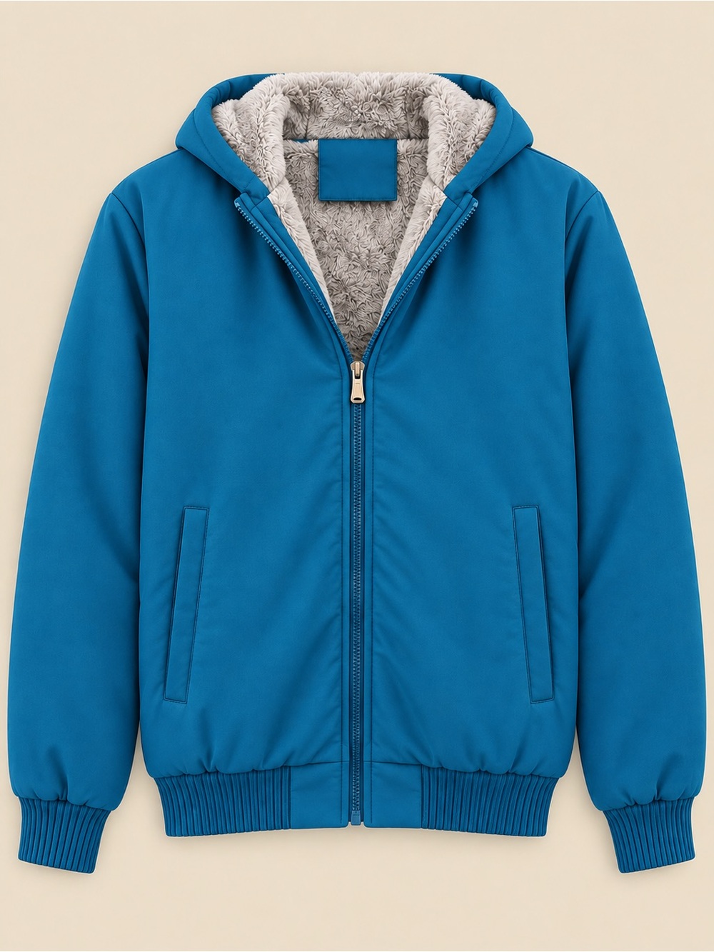 Blue Faux-Fur Lined Hooded Bomber Jacket Size L